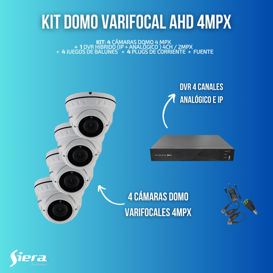 Kit AHD 4xPCA1435 Domo Varifocal 4mpx + DVR 4ch